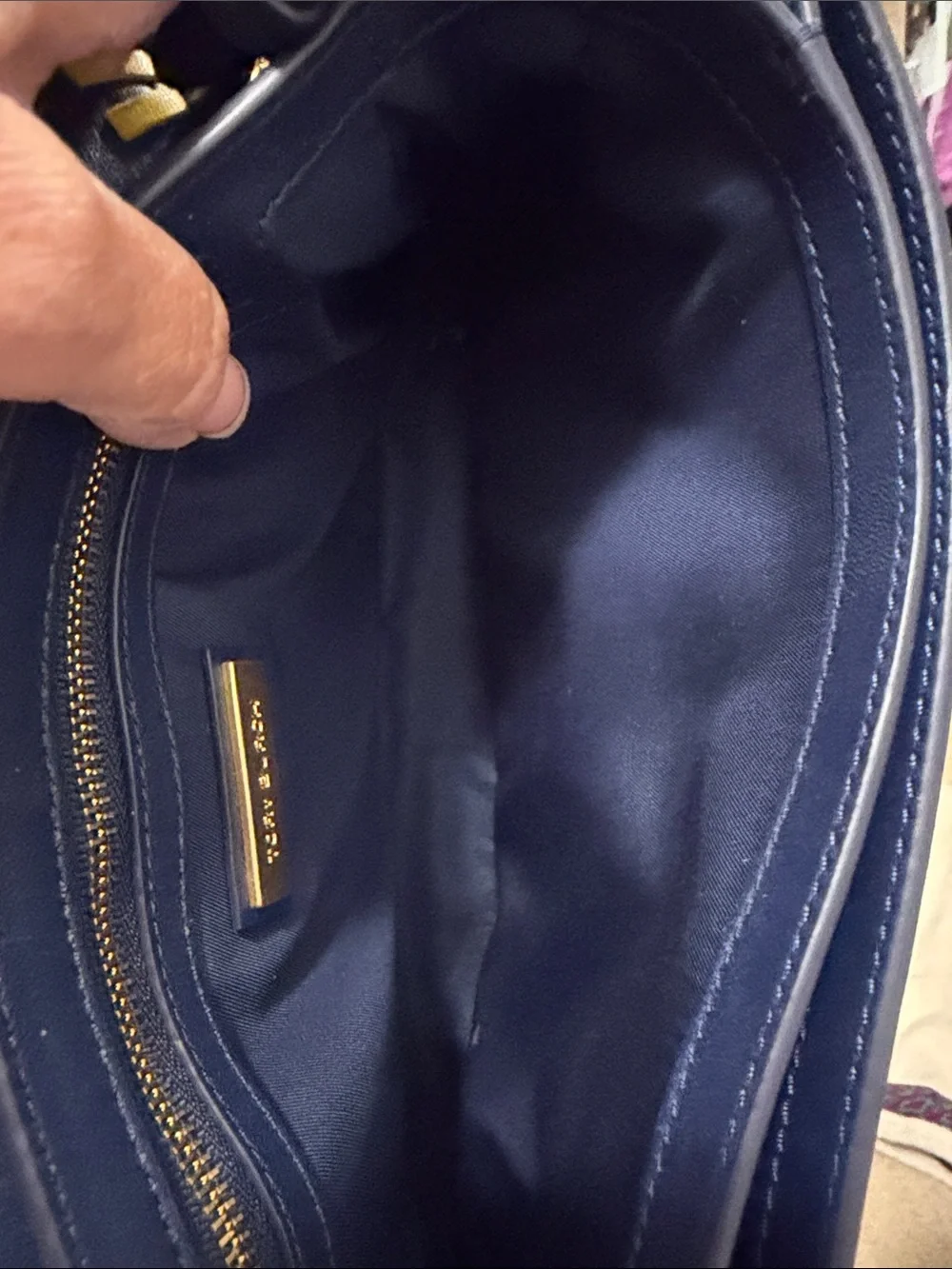 Tory Burch Navy Shoulder Bag with Multicolor Whipstitch and Gold Chain